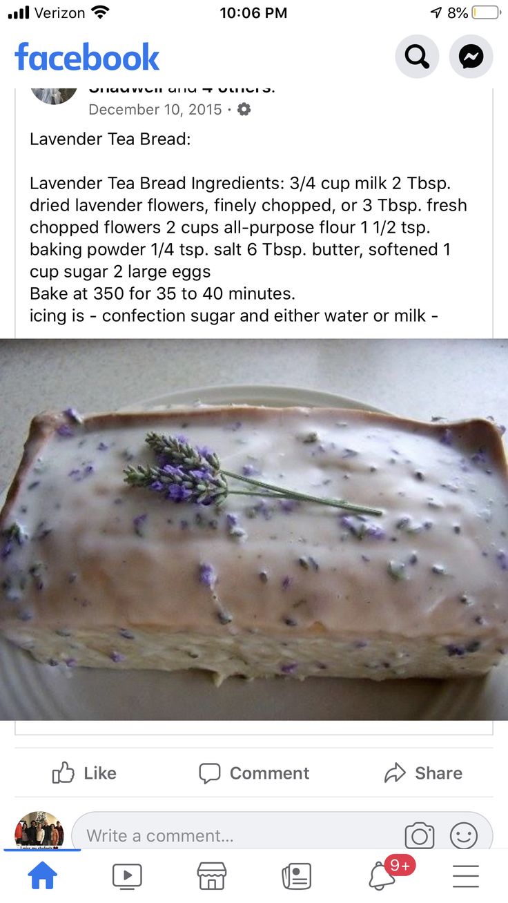 an image of a cake with lavender flowers on it and facebook comment about the recipe