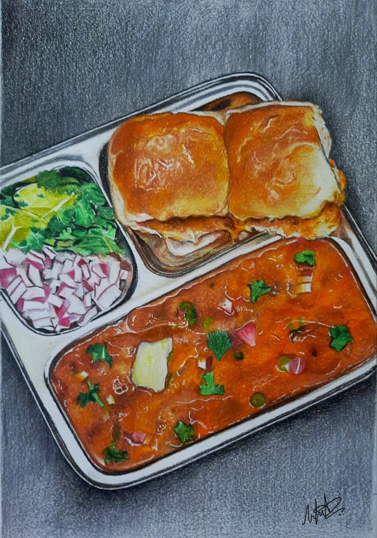 this is a drawing of some food on a tray with bread and other foods in it