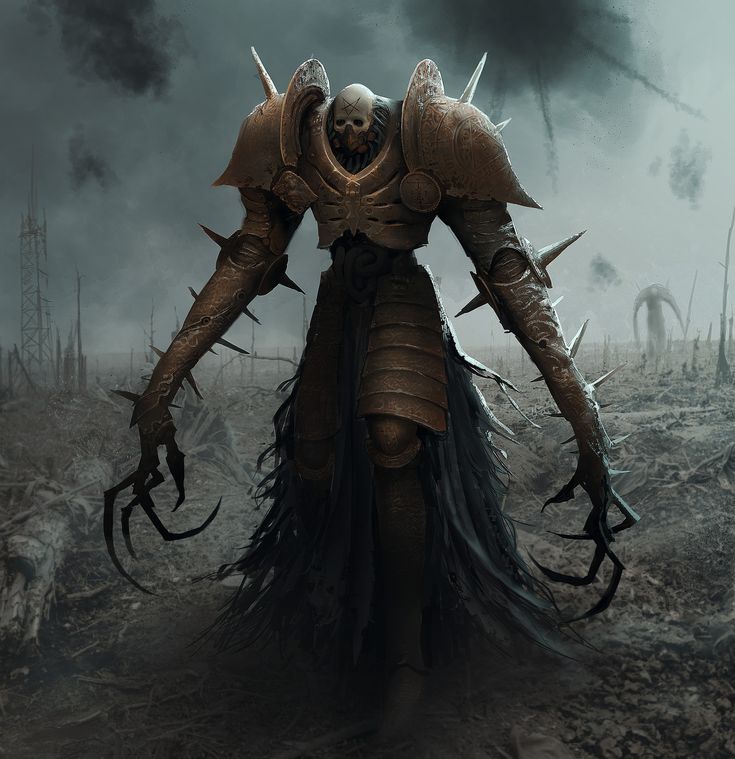 an image of a demonic creature in the middle of a field with large horns on his head