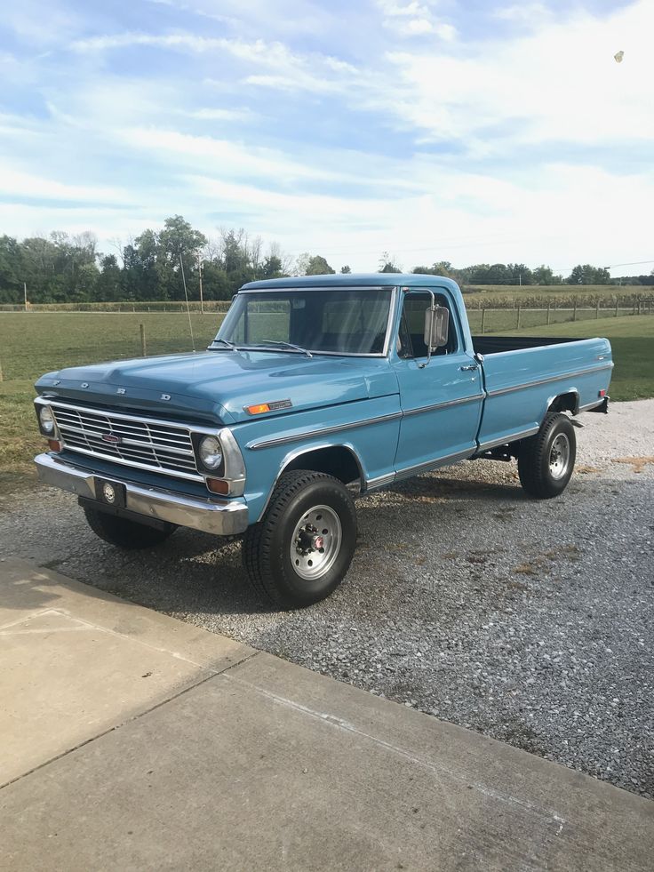 a blue pick up truck parked in a parking lot next to a grass covered field