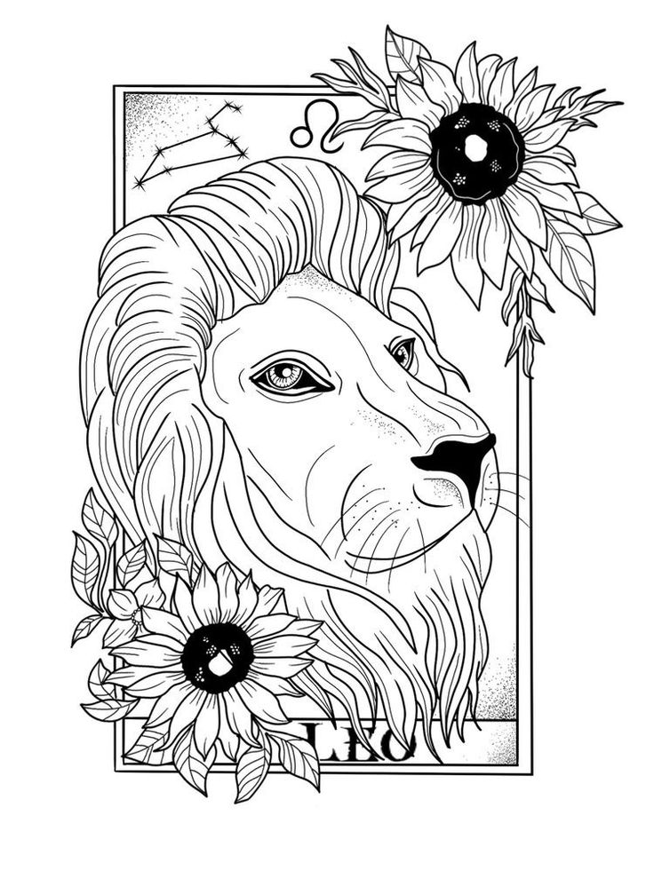 a black and white drawing of a lion with sunflowers on it's head