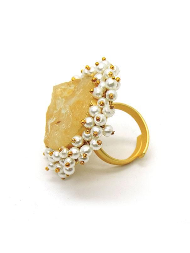 Citirine ring with pearls by Dori now available at Trendroots Handmade Gold Crystal Wedding Ring, Gold Citrine Open Ring Jewelry, Adjustable Gold Pearl Drop Ring, Gold Adjustable Pearl Drop Ring, Gold Jewelry With Natural Stones And Pearls, Gold Pearl Jewelry With Natural Stones, Elegant Citrine Rings With Natural Stones, Handmade Gold Pearl Open Ring, Gold Crystal Ring With Natural Stones For Wedding