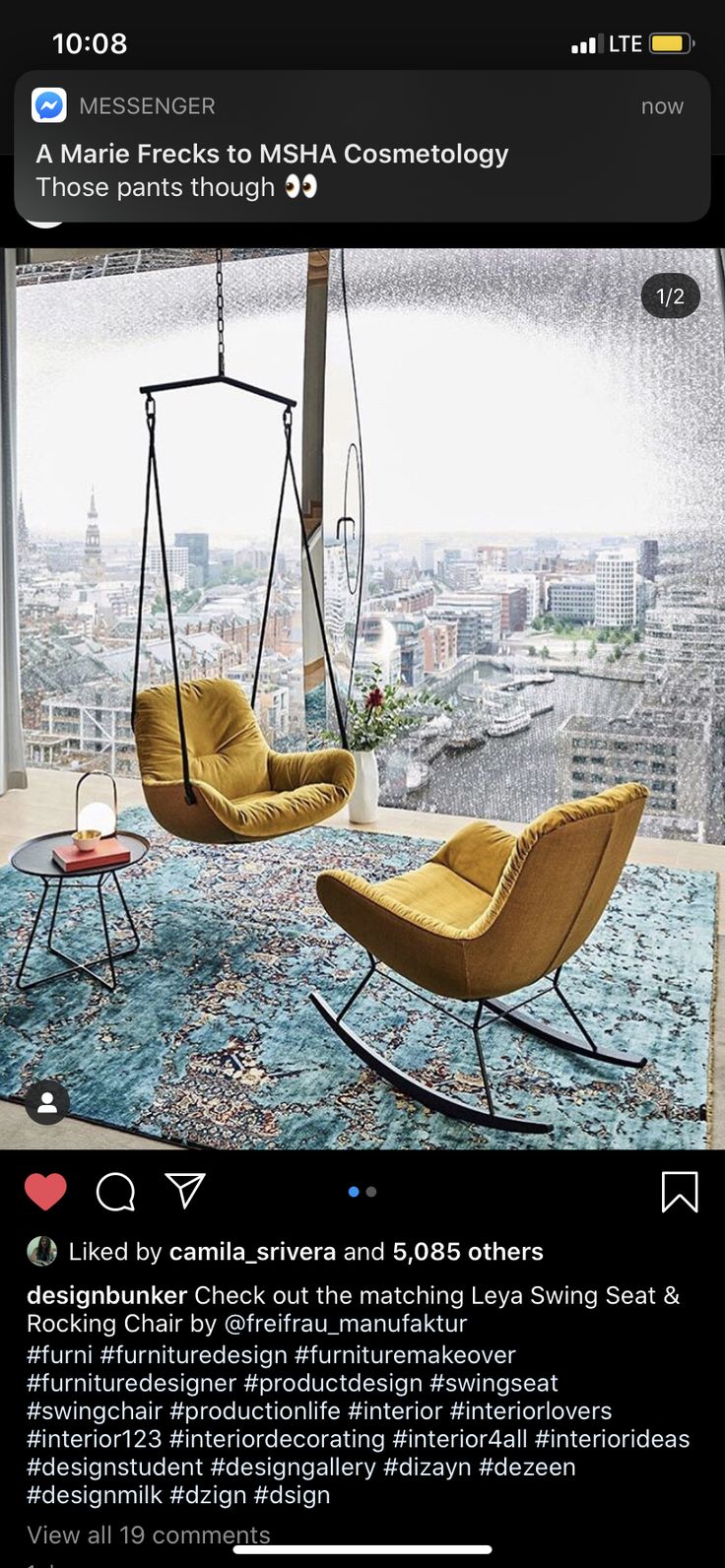 a living room with two chairs and a swing chair in the middle of the room