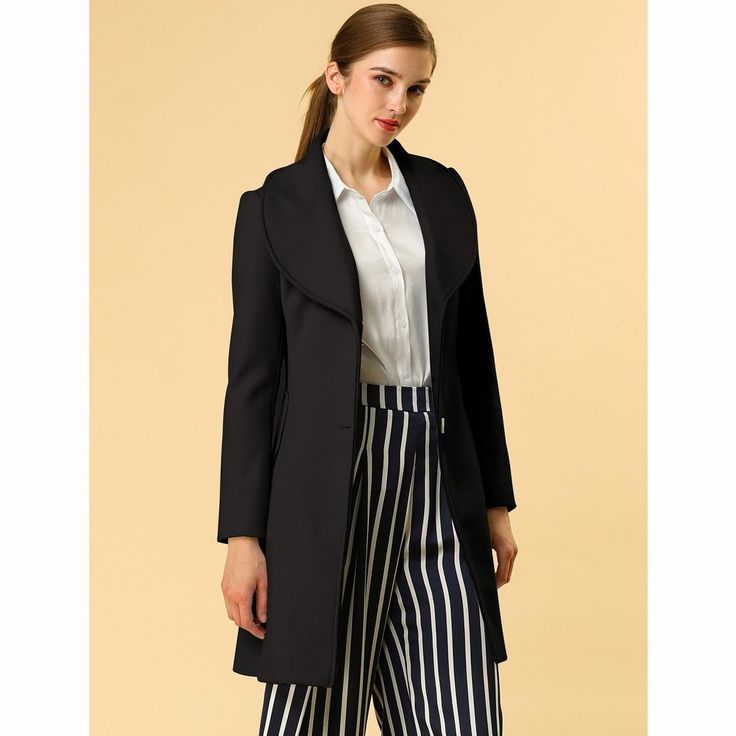 Cut in a regular fit with a belted waist, this coat features side pockets and a turn-down collared neckline which is combined with its long length, and elongates the silhouette. Layered over a pencil dress for a demure finish, or paired well with knit shirts and wide-leg pants for weekend style. Polished with chic pockets at the sides and a single-button mid, it oozes elegance and will match seamlessly with your office attire. Black Long Sleeve Blazer With Belted Cuffs, Black Blazer With Belted Cuffs And Long Sleeves, Black Blazer With Belted Cuffs, Chic Collared Outerwear For Office, Spring Wool Coat With Belted Cuffs For Office, Spring Wool Coat For Office With Belted Cuffs, Chic Tailored Outerwear With Belted Cuffs, Single-breasted Collared Outerwear, Chic Wool Coat With Belted Cuffs And Lapel Collar