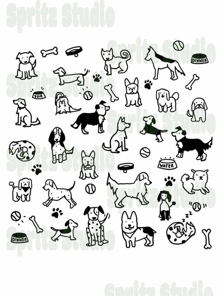 a bunch of dogs that are drawn in black and white