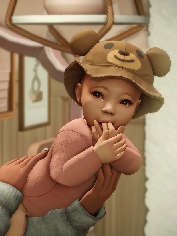 a digital painting of a baby wearing a bear hat and holding his hands to his chest