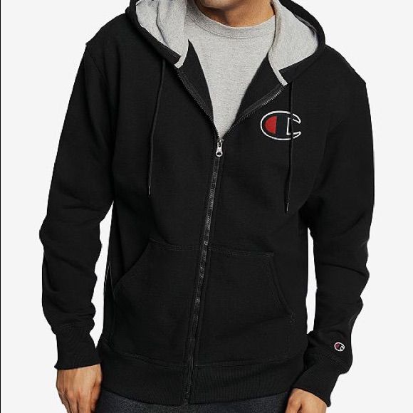 Black Champion Zipper Hoodie Size Large Hooded Zipper Hoodie For Cold Weather, Fleece Hooded Jacket With Ykk Zipper For Winter, Winter Hoodie With Ykk Zipper, Winter Fleece Hooded Jacket With Ykk Zipper, Black Hooded Sweatshirt With Fleece Lining, Black Hoodie With Ykk Zipper For Fall, Black Fleece Hooded Jacket With Adjustable Hood, Black Sporty Sweatshirt For Cold Weather, Casual Black Hooded Jacket With Ykk Zipper