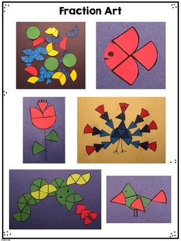 four different pictures of flowers, fish and leaves with the words fraction art on them