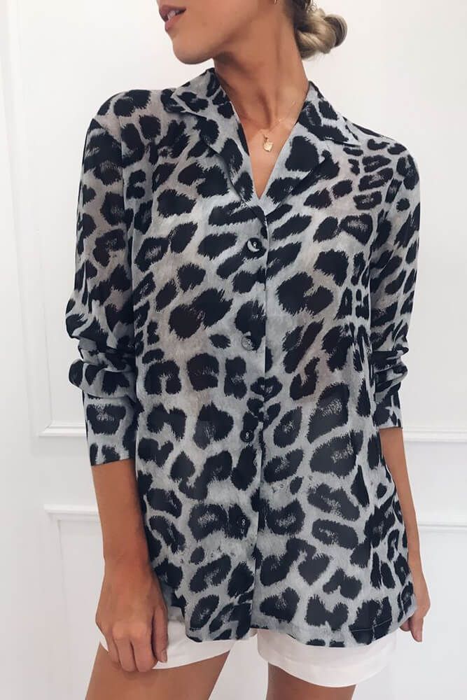 Black Leopard Print Chiffon Shirt Casual Sheer Blouse For Office, Chic Chiffon Shirt For Workwear, Chic Chiffon Shirt For Work, Casual Sheer Button-up Blouse, Casual Sheer Top For Office, Chic Button-up Chiffon Blouse, Chic Chiffon Button-up Top, Chic Chiffon Button-up Blouse, Casual Long Sleeve Sheer Blouse