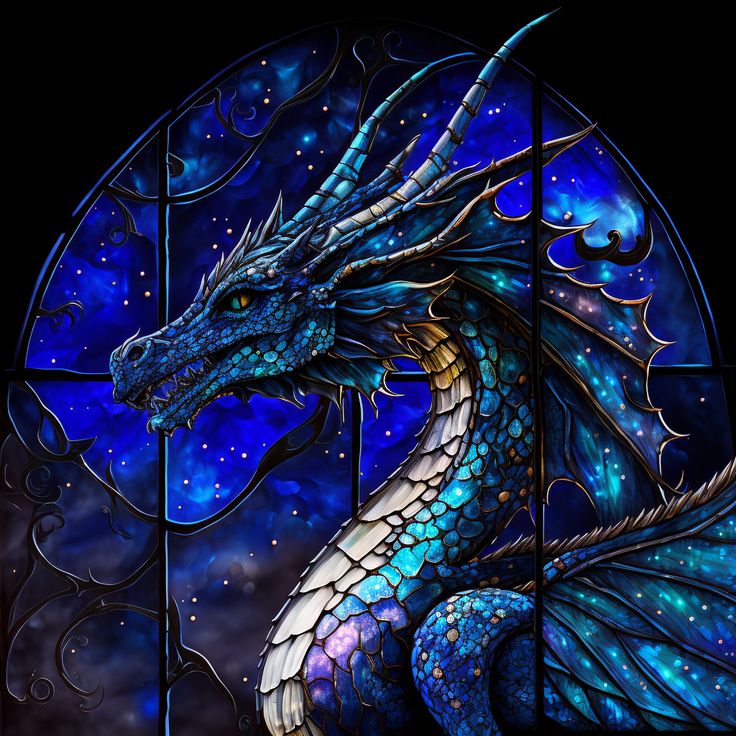 a stained glass window with a blue dragon on it's side and stars in the background