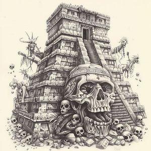 a drawing of a pyramid with skulls and bones on it's face, surrounded by other objects