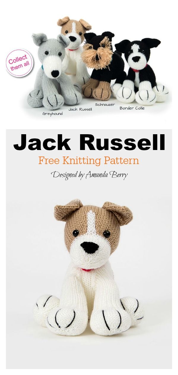 the book cover for jack russell's free knitting pattern is shown with three stuffed dogs