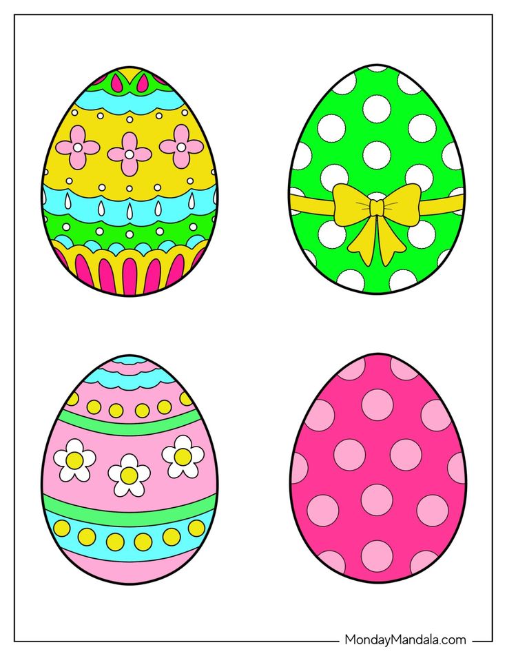 four decorated easter eggs with bows and polka dots on the top one is pink, green, yellow, and blue