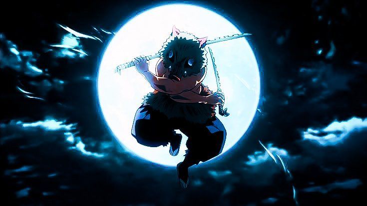 an anime character flying through the air in front of a full moon