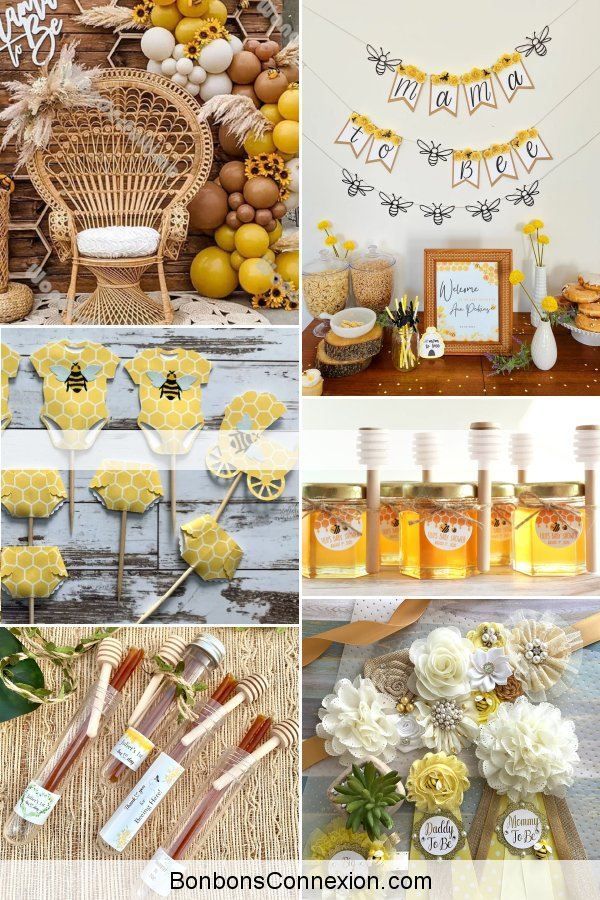 a collage of photos with lemons, honey jars and decorations for a baby shower