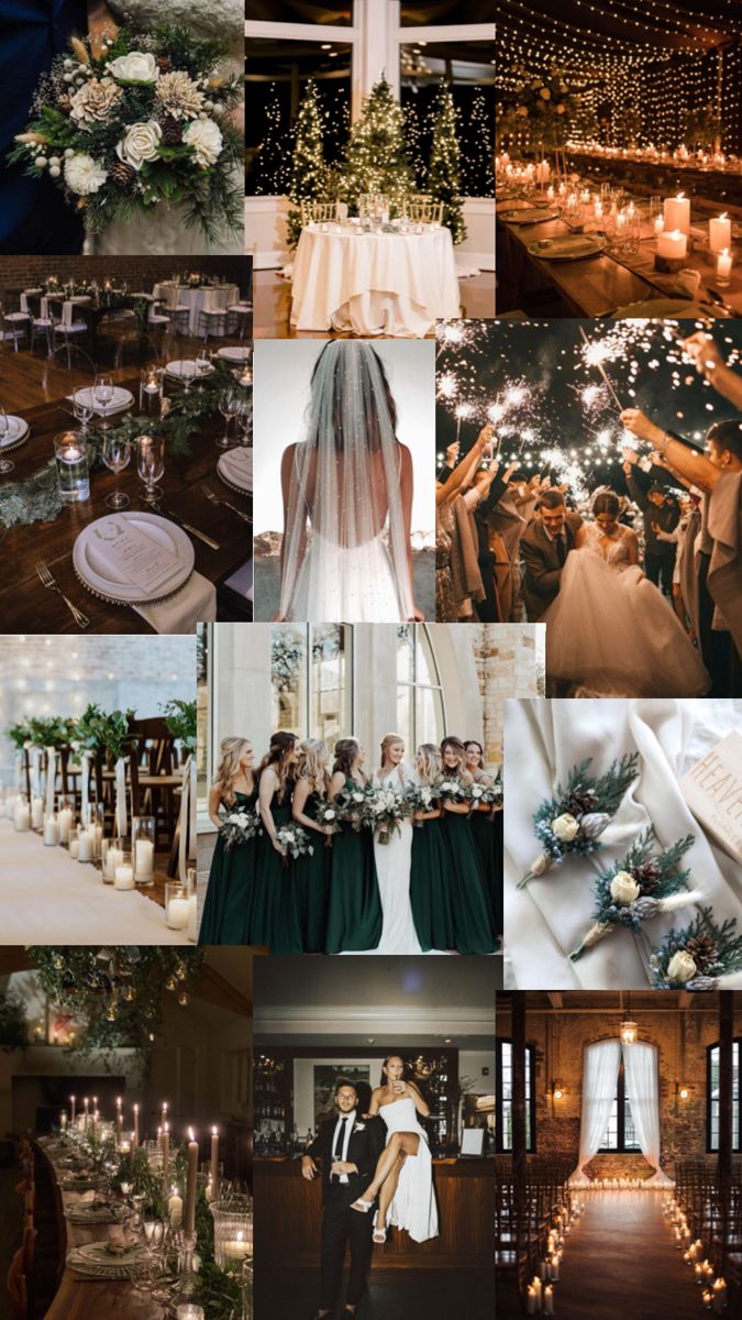 a collage of wedding photos with candles and flowers