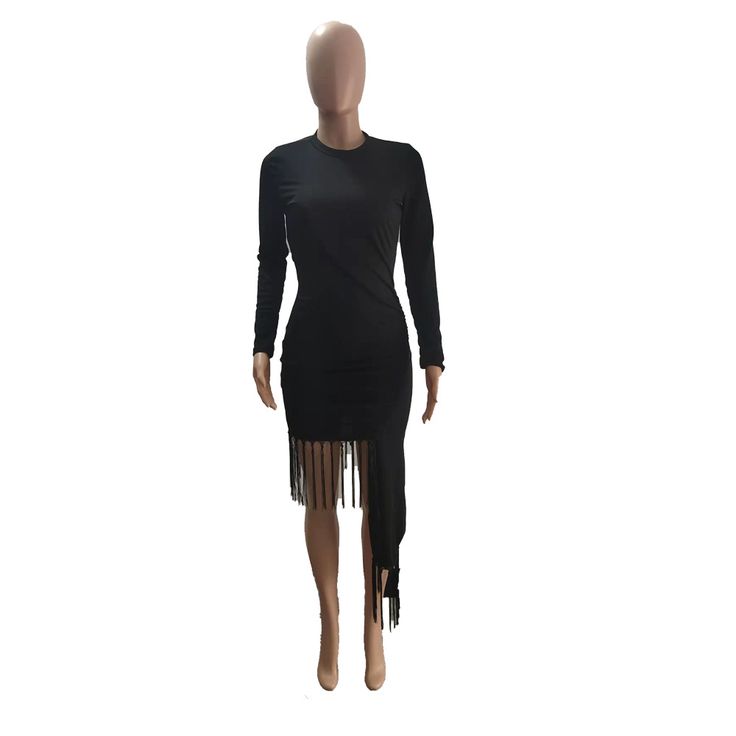 Long Sleeve O Neck Irregular Tassel Dress Long Sleeve Mini Dress With Fringe For Party, Fitted Fringe Mini Dress For Fall, Long Sleeve Mini Dress With Tassels, Knee-length Evening Dresses With Tassels, Long Sleeve Fringe Dress For Fall, Fringe Dress With Asymmetrical Hem For Party, Long Sleeve Dresses With Tassels For Night Out, Party Dress With Fringe And Asymmetrical Hem, Elegant Knee-length Midi Dress With Fringe