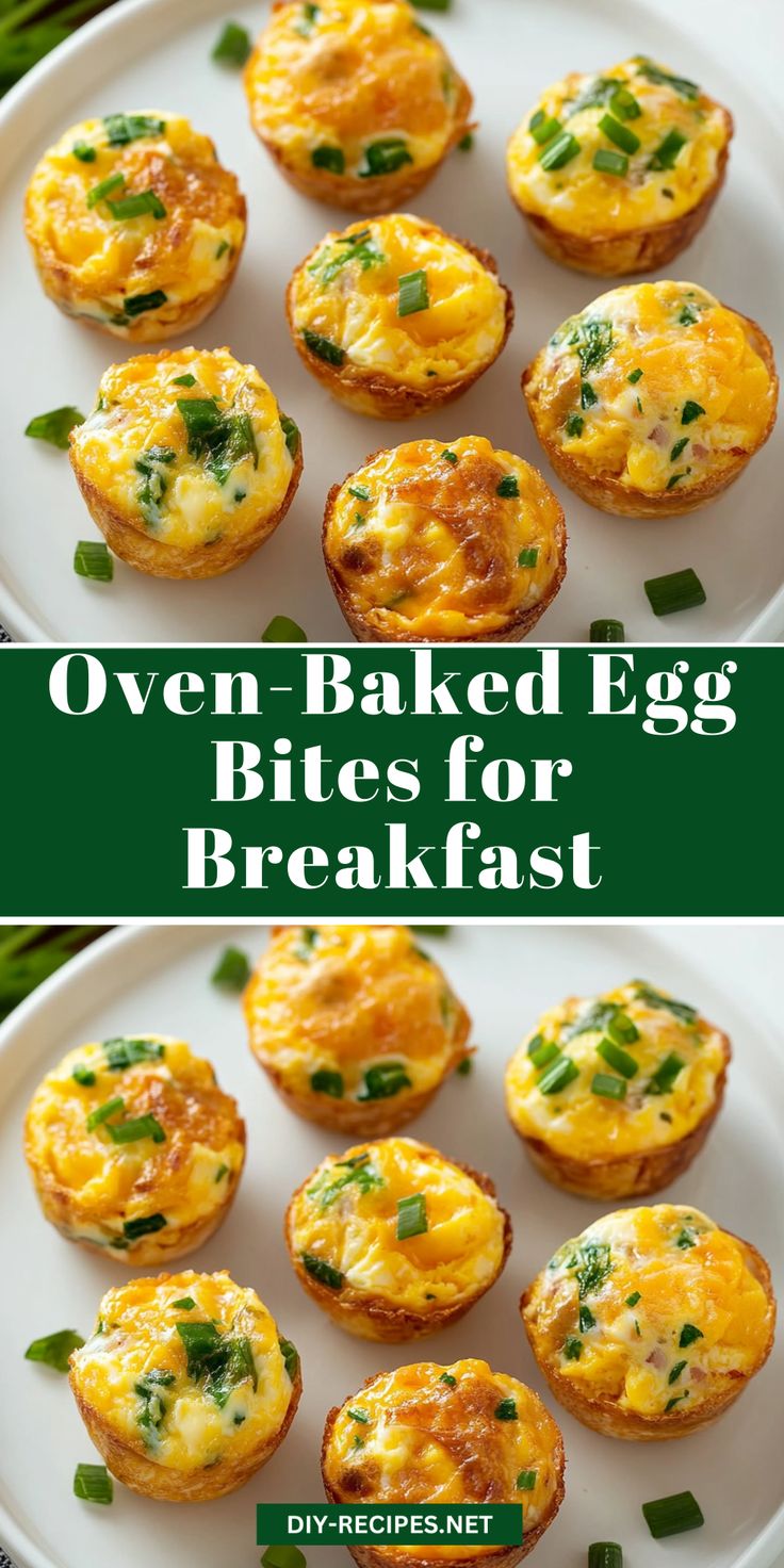 an egg muffin on a plate with the words oven baked eggs bites for breakfast