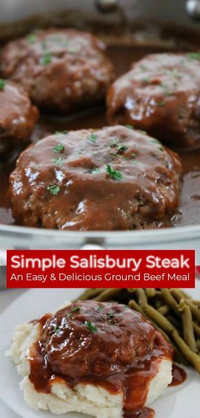 two plates filled with meat and gravy next to green beans