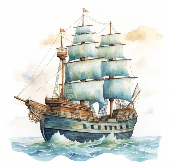 a watercolor painting of a sailing ship in the ocean