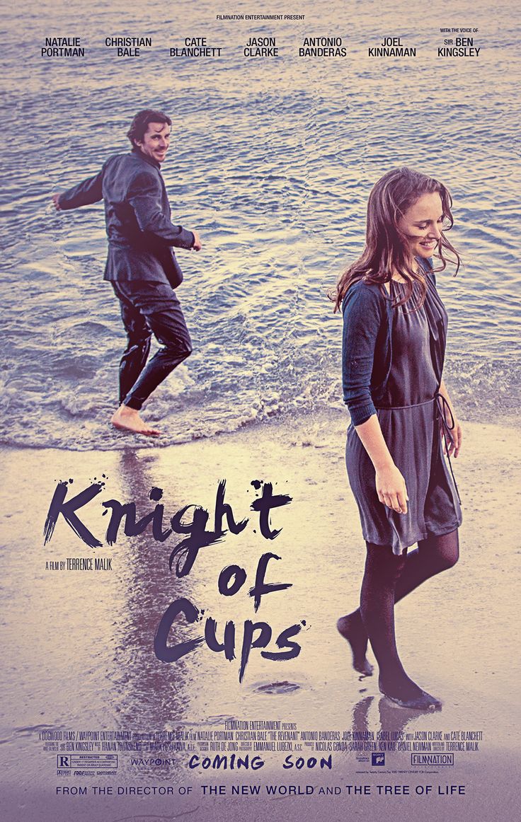 a movie poster for knight of cups with two people walking on the beach in front of water