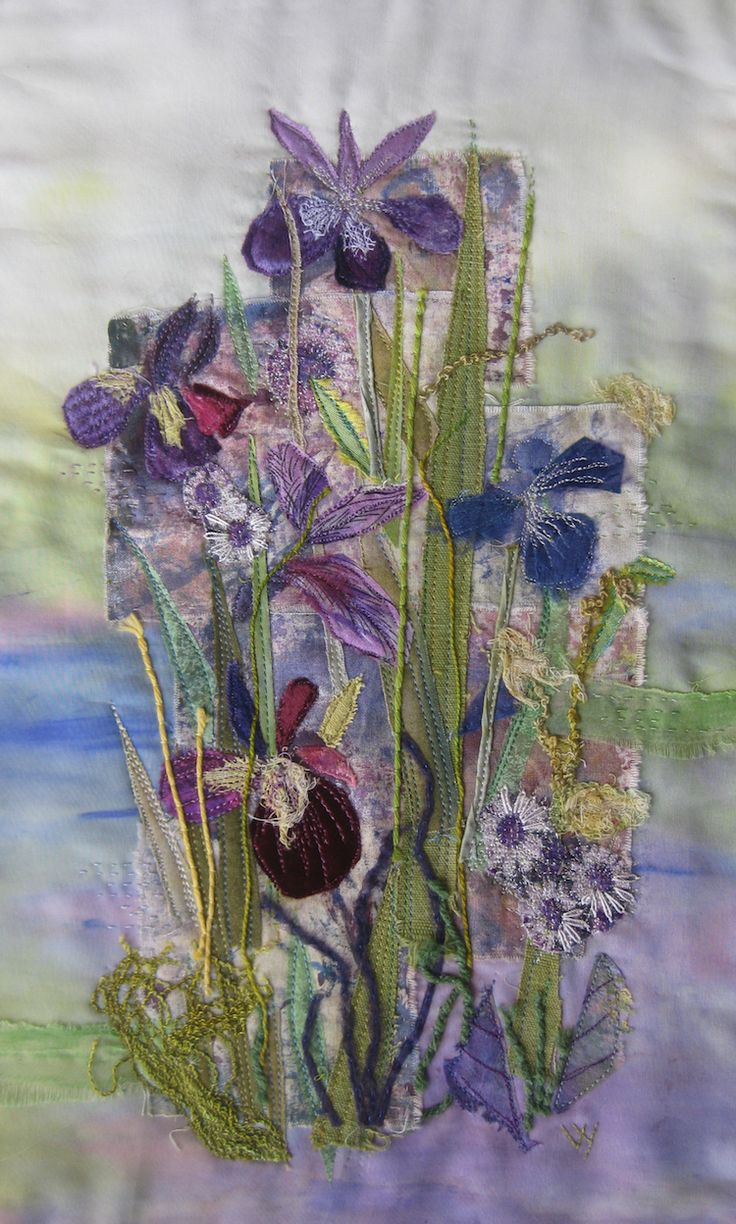 a painting of purple flowers and green plants