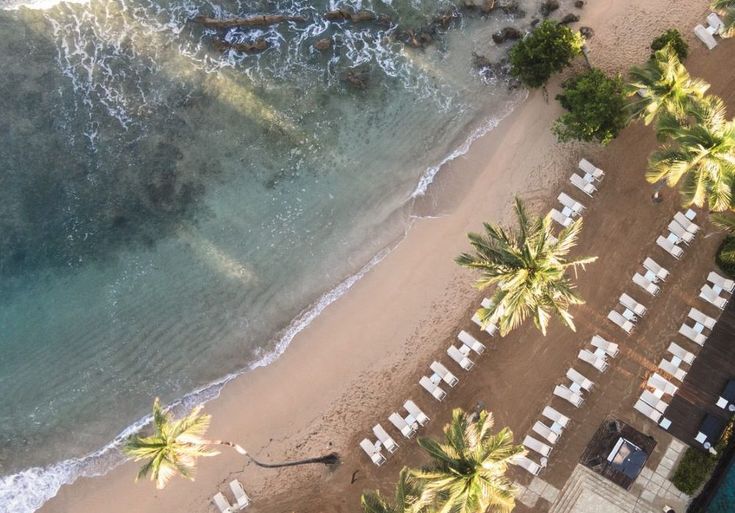 an aerial view of the beach with chairs and palm trees