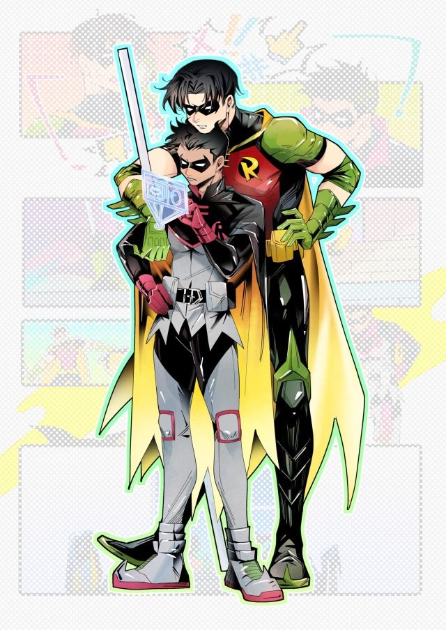 two people dressed as batman and robin wayne standing next to each other with their arms around each other