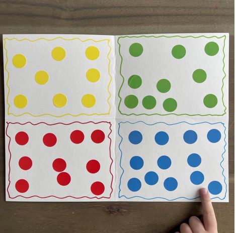 four different colored dots on white paper with one hand pointing at the dotted ones in red, green, blue and yellow