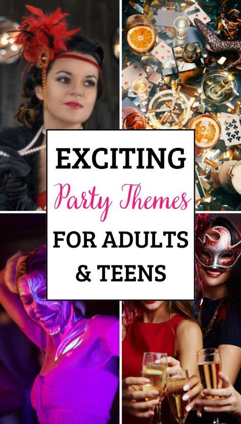 some people are wearing masks and holding glasses with the words exciting party themes for adults and teens