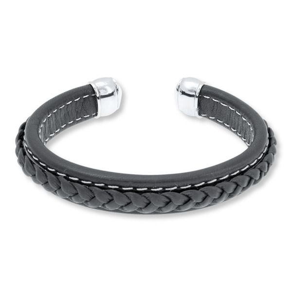 Braided black leather tops this handsome stainless steel men's bracelet. The bracelet measures 7-inches in length. Bracelet For Him, Pearl Diamond Jewelry, Mens Bracelet Black, Cross Jewelry Necklace, Stainless Steel Bracelet Men, Fan Jewelry, Black Leather Top, Jewelry Advice, White Bracelets