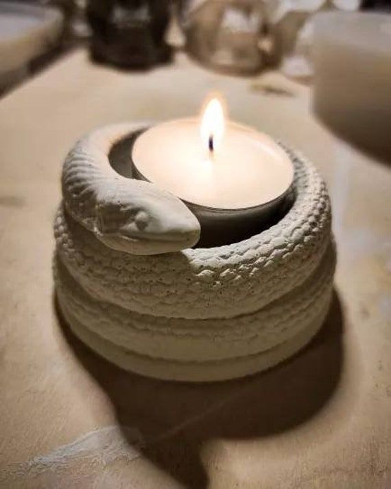 a candle that is sitting on top of some kind of thing with a snake wrapped around it