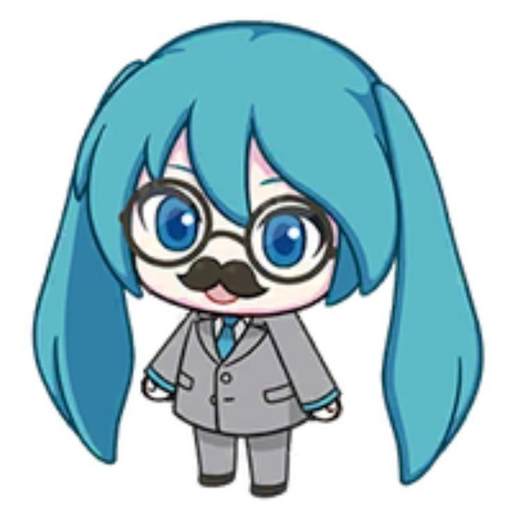 an anime character with blue hair wearing glasses and a gray suit, standing in front of a white background