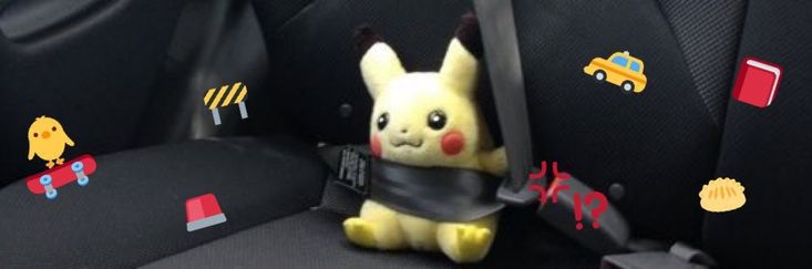 a stuffed pikachu is sitting in the back seat of a car with its head hanging out