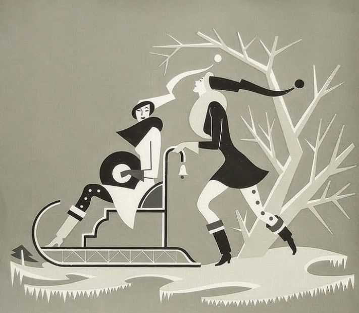 a drawing of two people on a sled in front of a tree and snow covered ground