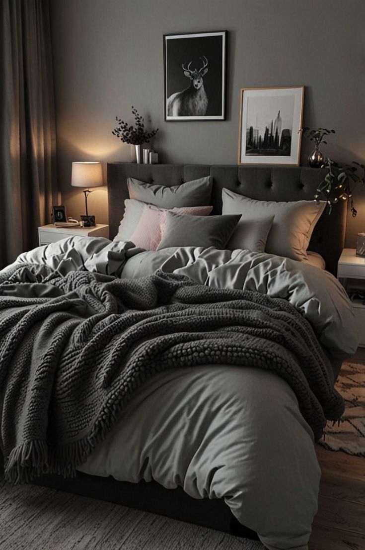 Black Grey Brown Blue Bedroom, Dark Gray Comforter Bedroom Ideas, Men’s Bedroom Inspiration, Grey Bed Aesthetic, Grey Cozy Bedroom, Gray Master Bedrooms Decor, Gray Black Bedroom, Black Cozy Bedroom, Cozy Dark Bedroom Ideas