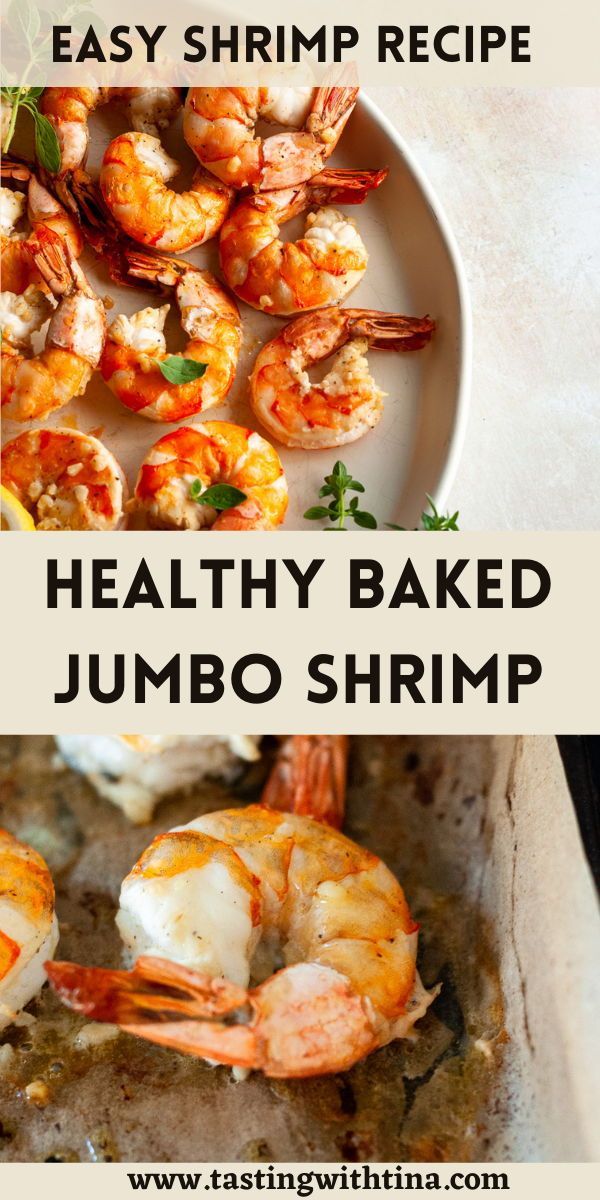 healthy baked jumbo shrimp recipe with text overlay