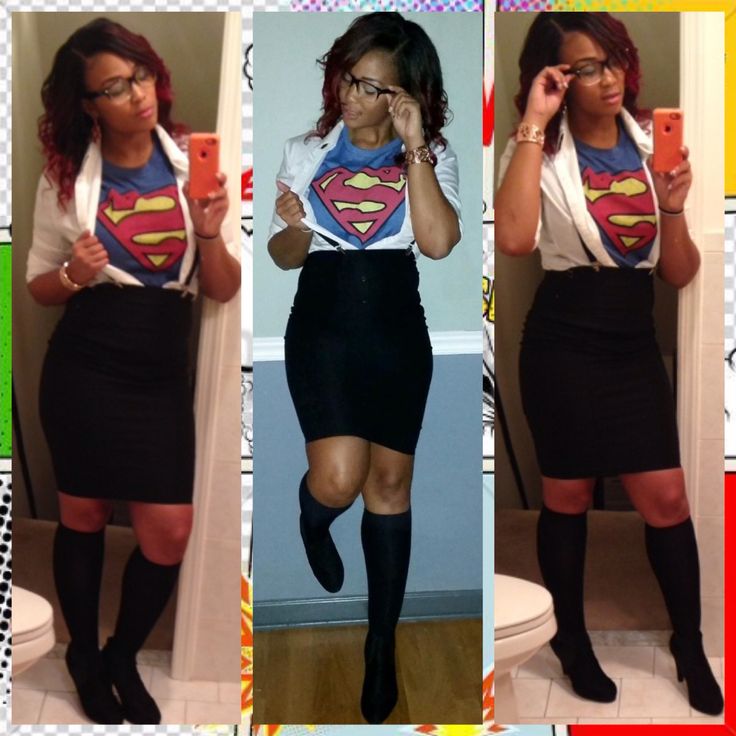 three different pictures of a woman wearing a superman t - shirt, skirt and knee high socks