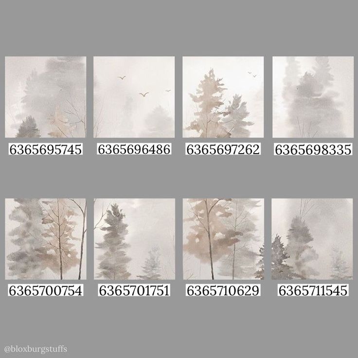 multiple images of trees in the fog with birds flying over them and numbers on each side