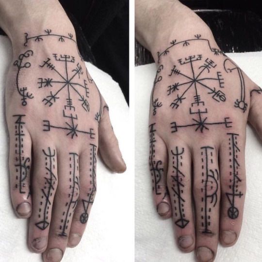 two pictures of the same hand with different symbols on it, and one showing how to draw