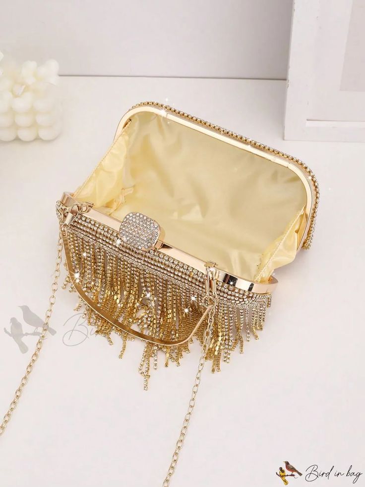 Bird in Bag - Rhinestone Deco Glamour Evening Bag Luxury Bags With Rhinestone Fringe, Trendy Bags With Rhinestones For Events, Trendy Event Bags With Rhinestones, Chic Bling Clutch Bag, Gold Shoulder Bag With Rhinestones For Night Out, Elegant Evening Bags With Rhinestone Fringe, Luxury Party Bags With Rhinestone Fringe, Glamorous Event Bags With Rhinestones, Glamorous Rhinestone Event Bag