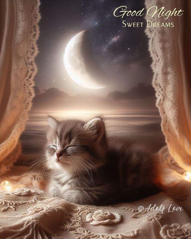 a kitten is sleeping on a bed with the moon in the background