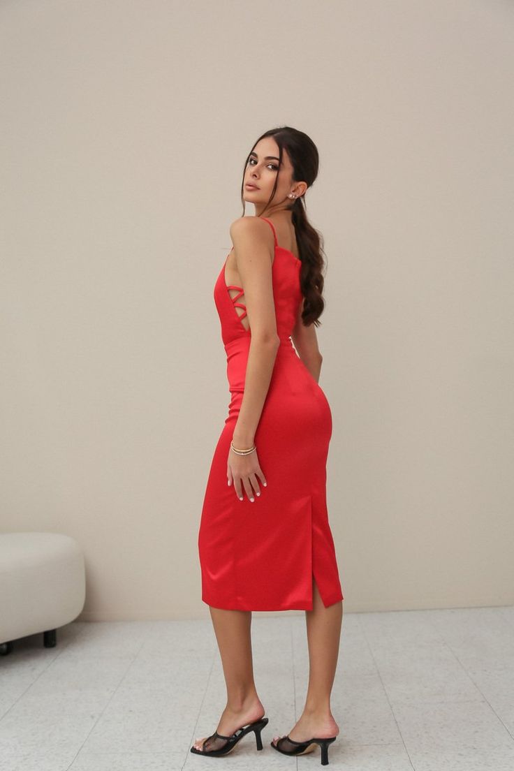 Side Lace Satin Midi Dress Red – VICLAN Red Party Dress With Lace-up Back, Glamorous Formal Dress With Lace-up Back, Elegant Lace-up Back Midi Dress For Prom, Formal Fitted Midi Dress With Lace-up Back, Elegant Red Dress With Corset Back, Red Lace-up Back Prom Dress, Elegant Red Evening Dress With Corset Back, Elegant Party Season Dress With Lace-up Back, Red Lace-up Back Dress