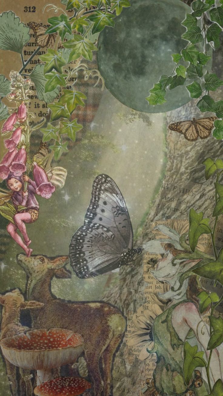 an image of butterflies and deer in the forest with flowers on it's side