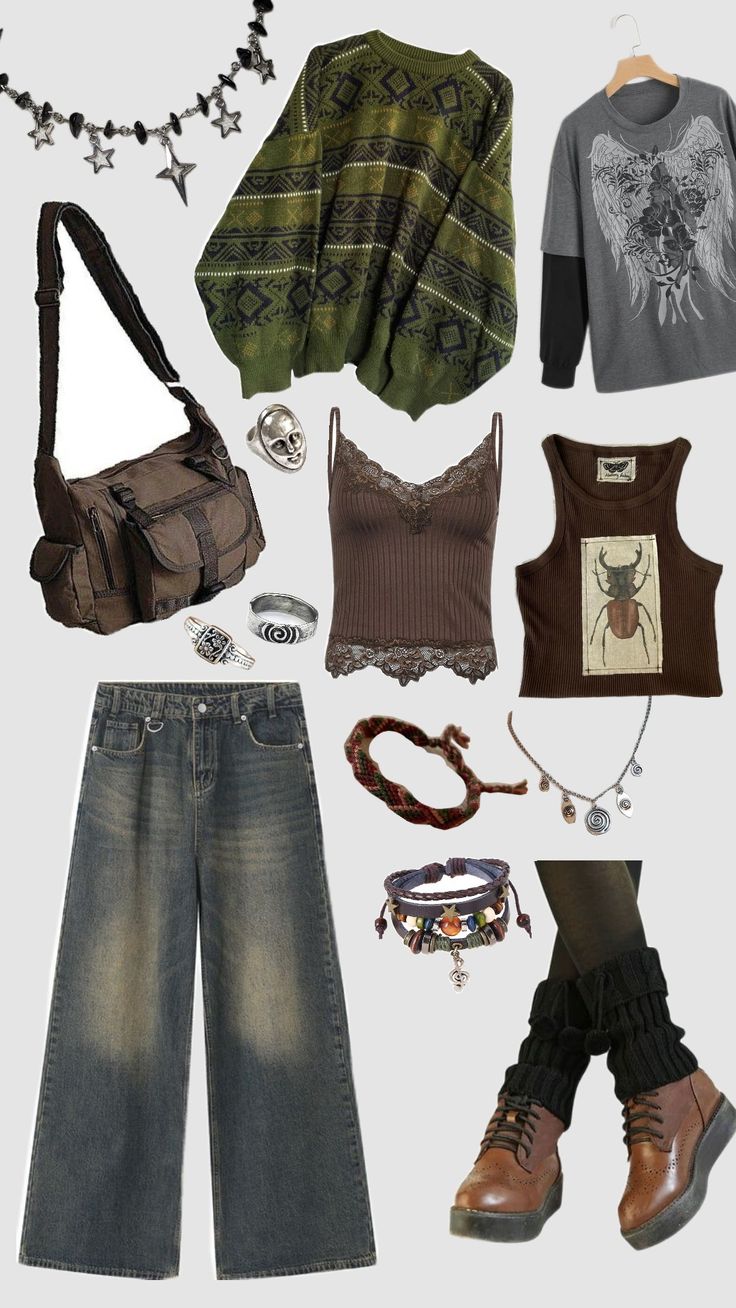 #outfit #goblingrunge Hippie Concert Outfit Ideas, Changelingcore Outfit, Earth Goth, Earthy Grunge Outfits, Aethstetic Clothes, Earthcore Outfits, Hippie Grunge Outfits, Crowcore Outfit, Earthtone Outfits