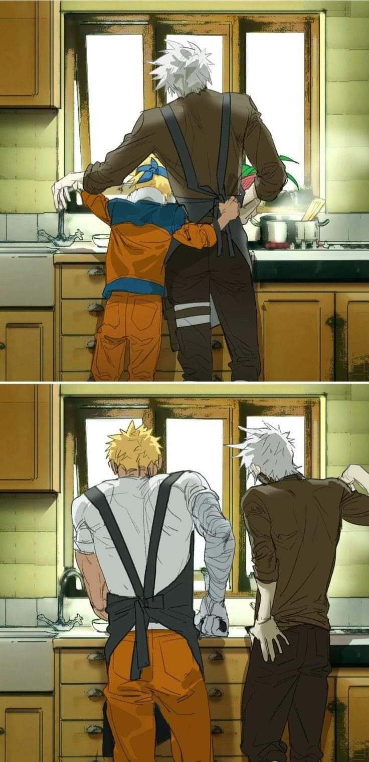 two anime characters are standing in the kitchen