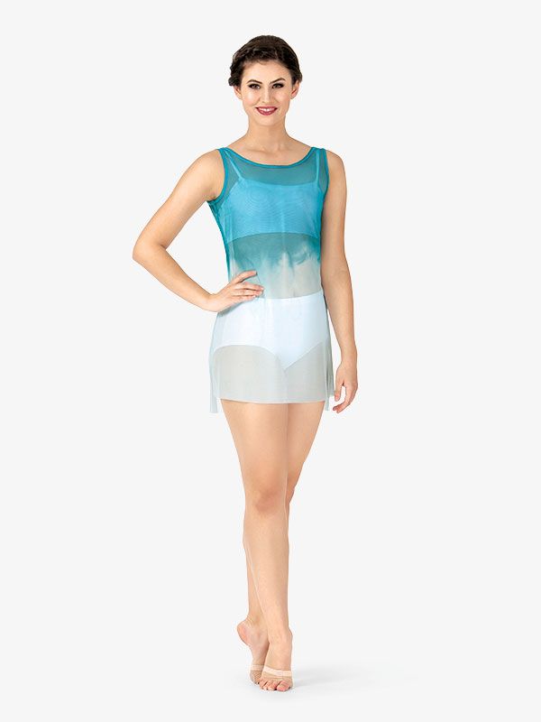 Painted Short Mesh Tank Lyrical Dress - Ballet/Lyrical | Watercolour WC235 | DiscountDance.com Summer Dress With Stretch Sheer Bodice, Summer Nylon Leotard With Built-in Bra, Blue Sleeveless Summer Mesh Dress, Fitted Summer Dress With Overlay, Summer Stretch Dress With Mesh Back, Summer Fitted Sheer Mesh Top, Sheer Stretch Mesh Camisole Top, Sleeveless Nylon Leotard For Summer, Blue Nylon Dress For Summer