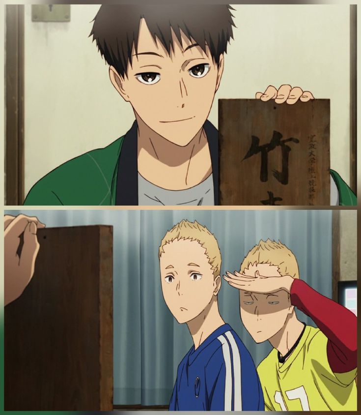 an anime scene with two men looking at each other and one man pointing to the side