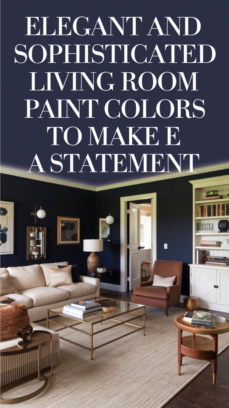 a living room with blue walls and furniture in the center is an advertisement that says elegant and sophisticated living room paint colors to make a statement