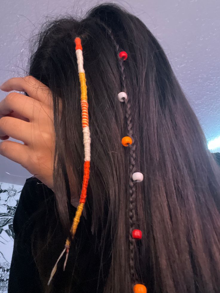 Red, orange, and white hair wrap with the same color beads Hair Strand Wrap, Hair Wrap On Curly Hair, Hair Wraps On Curly Hair, Hair Bead Color Combinations, Hair Wrap Inspo Colors, Hair Wrap Color Combos, Hair Raps Ideas, Hair Wrap Short Hair, Hair String Wrap Braids